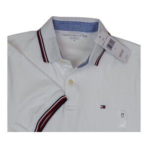 Tommy Hilfiger White Polo Shirt With Red Blue Tipping Medium Cotton
